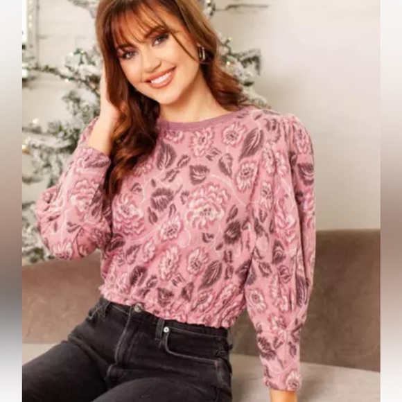 Free People Pink Floral Cropped Top Open Back No Ordinary Floral Puff Sleeve M - Picture 2 of 5